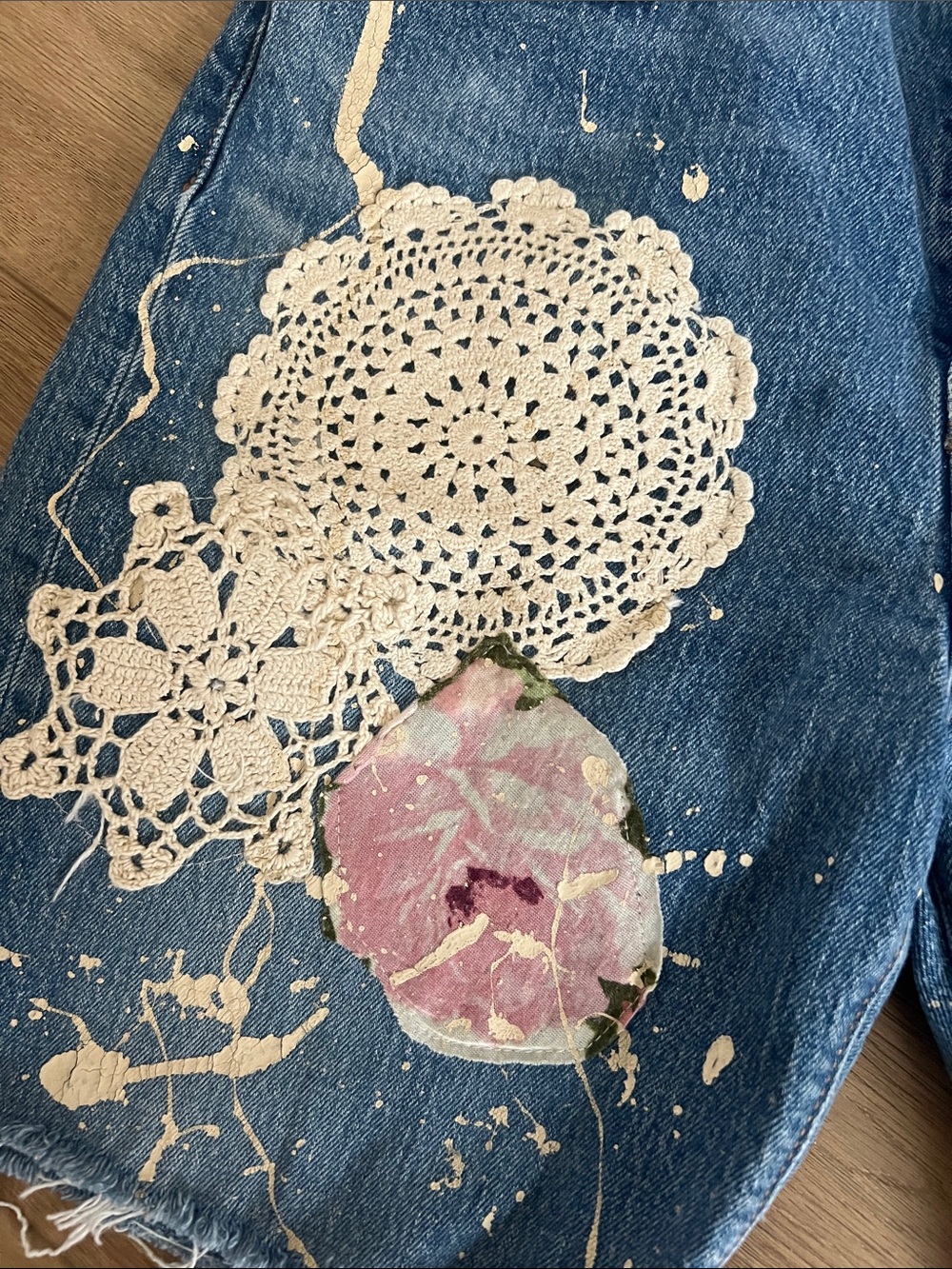 Tricia Fix Blue Denim Jean Shorts with Cream Lace and Pink Patch - Picture 2 of 6